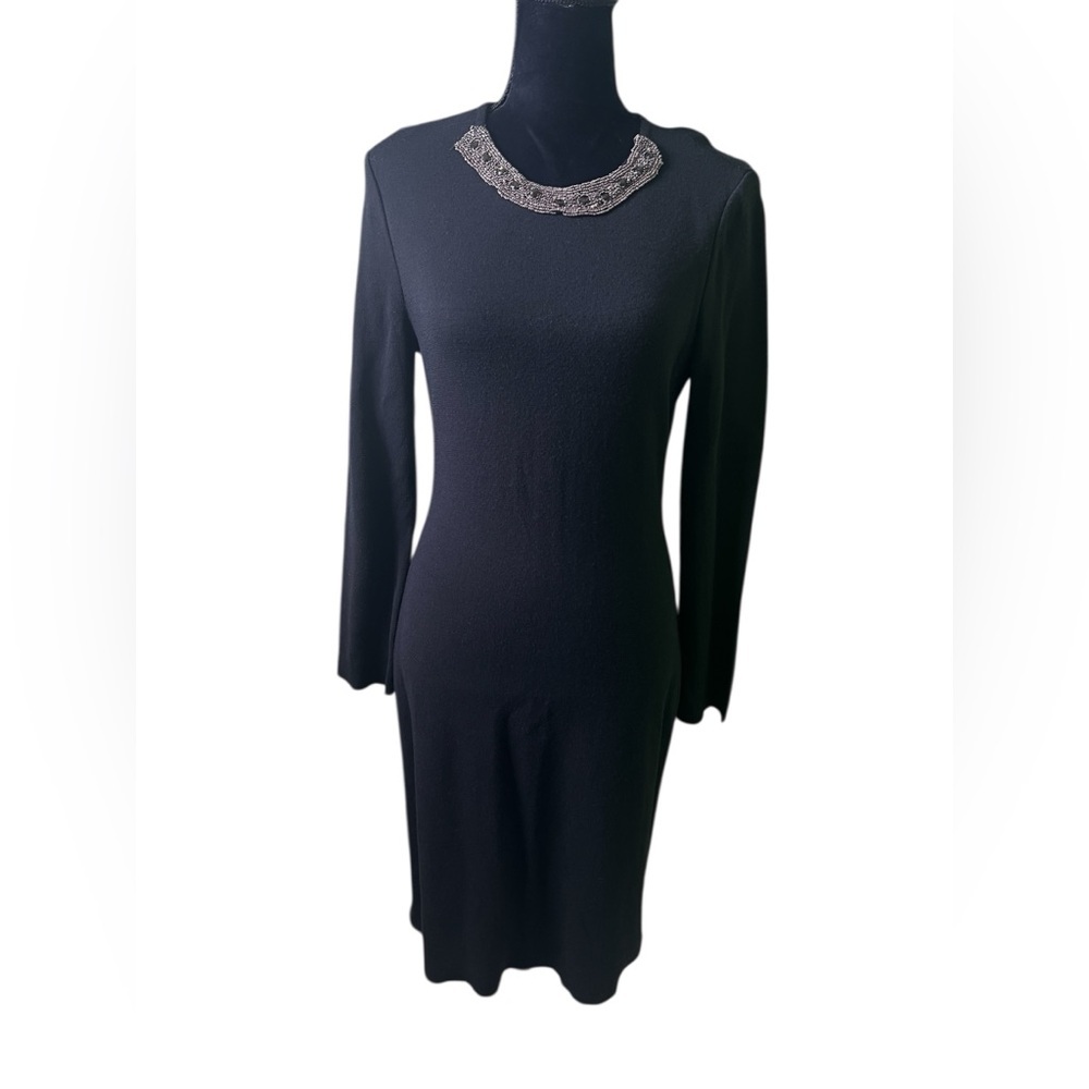St John Couture Black Long Sleeve Beaded Neck Knit Dress Womens 8